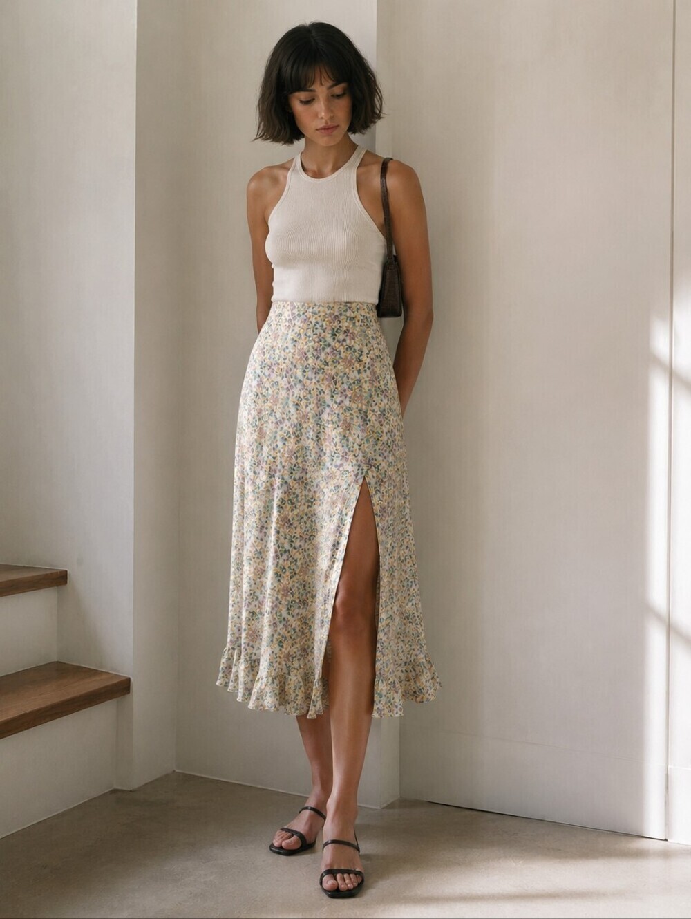 ZARA FLORAL SATIN MIDI SKIRT WITH FRONT SLIT SIZE XS